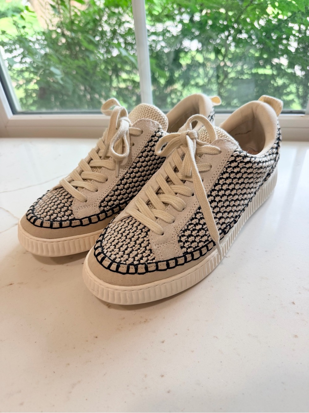 NEW Dolce Vita White and Black Woven Platform Sneakers